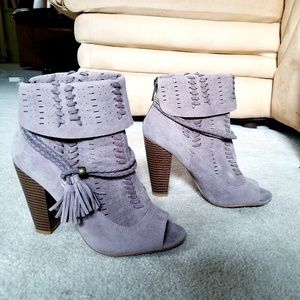Gray suede peep toe ankle boots